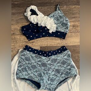 Semi custom dance costume 2 piece blue white rhinestones child large